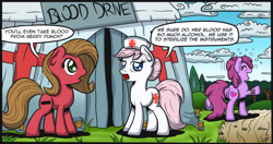 Size: 1280x677 | Tagged: safe, artist:gray--day, character:berry punch, character:berryshine, character:nurse redheart, oc, oc:pun, species:earth pony, species:pony, ask pun, ask, drunk, female, go home you're drunk, mare