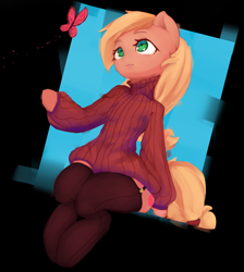 Size: 4336x4832 | Tagged: safe, artist:qweeli, character:applejack, species:earth pony, species:pony, butterfly, clothing, female, garters, looking at something, mare, semi-anthro, sitting, socks, solo, stockings, sweater, thigh highs, zettai ryouiki
