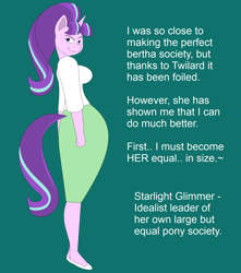 Size: 1498x1698 | Tagged: safe, artist:two-ton-neko, character:starlight glimmer, species:anthro, species:plantigrade anthro, alternate universe, breasts, busty starlight glimmer, green background, looking at you, narration, simple background, weight gain