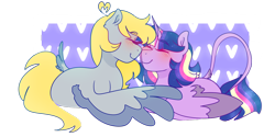 Size: 1280x641 | Tagged: safe, artist:cubbybatdoodles, character:derpy hooves, character:twilight sparkle, character:twilight sparkle (alicorn), species:alicorn, species:pegasus, species:pony, ship:twerpy, boop, ditzy doo, eyes closed, female, leonine tail, lesbian, mare, noseboop, nuzzling, prone, shipping, simple background, transparent background