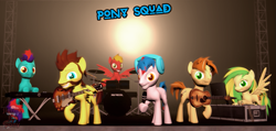 Size: 1031x492 | Tagged: safe, artist:sky chaser, oc, oc only, oc:acousticbrony, oc:edu, oc:mandopony, oc:sky chaser, oc:the living tombstone, oc:wooden toaster, species:pony, 3d, band, beard, drums, facial hair, group, guitar, headphones, microphone, pony adventure, source filmmaker