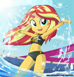 Size: 700x730 | Tagged: safe, artist:charliexe, character:sunset shimmer, episode:i'm on a yacht, g4, my little pony: equestria girls, my little pony:equestria girls, spoiler:eqg series (season 2), adorasexy, armpits, beautiful, belly button, bikini, bracelet, clothing, cloud, crepuscular rays, cute, female, jewelry, looking at you, midriff, open mouth, sexy, shimmerbetes, sky, sleeveless, solo, stupid sexy sunset shimmer, summer sunset, swimsuit, water, wristband