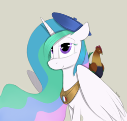 Size: 1000x950 | Tagged: safe, artist:sinrar, character:princess celestia, species:alicorn, species:bird, species:pony, species:rooster, beret, clothing, female, french, hat, simple background, solo