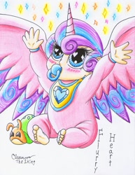 Size: 1266x1640 | Tagged: safe, artist:the1king, character:princess flurry heart, species:alicorn, species:human, species:pony, baby, barefoot, bib, blushing, cute, feet, female, flurrybetes, horn, horned humanization, humanized, onesie, pacifier, plushie, solo, whammy, winged humanization, wings