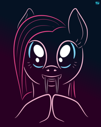 Size: 606x760 | Tagged: safe, artist:quint-t-w, character:pinkamena diane pie, character:pinkie pie, species:pony, bust, chopsticks, gradient background, looking at you, portrait, sabertooth pony, smiling, species swap