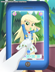 Size: 519x682 | Tagged: safe, artist:charliexe, character:applejack, character:rarity, episode:festival filters, g4, my little pony: equestria girls, my little pony:equestria girls, spoiler:eqg series (season 2), cellphone, clothing, dress, female, freckles, jacket, music festival outfit, phone, tree