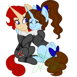 Size: 1280x1280 | Tagged: safe, artist:chelseawest, oc, oc:clarity, species:pony, species:unicorn, black widow (marvel), bow, female, hug, mare, ponified, simple background, tail bow, transparent background
