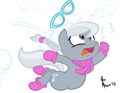 Size: 800x600 | Tagged: safe, artist:aa, character:silver spoon, abuse, clothing, female, filly, glasses, gloves, mittens, scarf, silverbuse, snow, snowball, snowball fight, solo, spoonabuse, winter