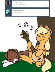 Size: 800x1040 | Tagged: safe, artist:askwinonadog, character:applejack, character:winona, species:dog, ask winona, banjo, dexterous hooves, duo, eyes closed, music, music notes, musical instrument, simple background, sleeping, white background