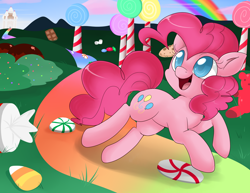 Size: 1500x1159 | Tagged: safe, artist:lustrous-dreams, character:pinkie pie, candy, castle, female, happy, rainbow, solo