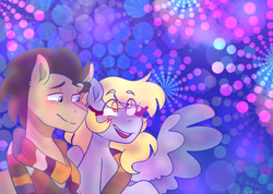 Size: 1280x912 | Tagged: safe, artist:cubbybatdoodles, character:derpy hooves, character:doctor whooves, character:time turner, species:pegasus, species:pony, ship:doctorderpy, blushing, clothing, ditzy doo, female, male, scarf, shipping, smiling, straight