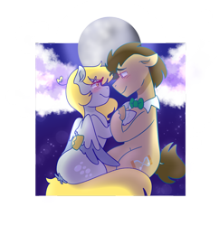 Size: 1280x1323 | Tagged: safe, artist:cubbybatdoodles, character:derpy hooves, character:doctor whooves, character:time turner, species:earth pony, species:pegasus, species:pony, ship:doctorderpy, blushing, cloud, ditzy doo, female, looking at each other, male, mare, moon, shipping, smiling, stallion, straight