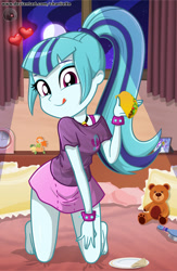 Size: 600x921 | Tagged: safe, artist:charliexe, character:sonata dusk, my little pony:equestria girls, adorasexy, barefoot, clothing, curtains, cute, feet, female, food, heart, legs, miniskirt, moon, night, plate, ponytail, sexy, shirt, skirt, solo, sonatabetes, sonataco, spiked wristband, taco, teddy bear, that girl sure loves tacos, thighs, tongue out, window, wristband