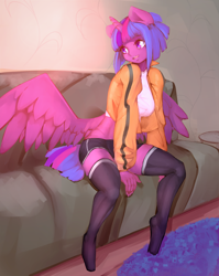 Size: 3000x3762 | Tagged: safe, artist:qweeli, character:twilight sparkle, character:twilight sparkle (alicorn), species:alicorn, species:anthro, species:pony, breasts, busty twilight sparkle, clothing, couch, human facial structure, jacket, short hair, sitting, socks, sports shorts, thigh highs