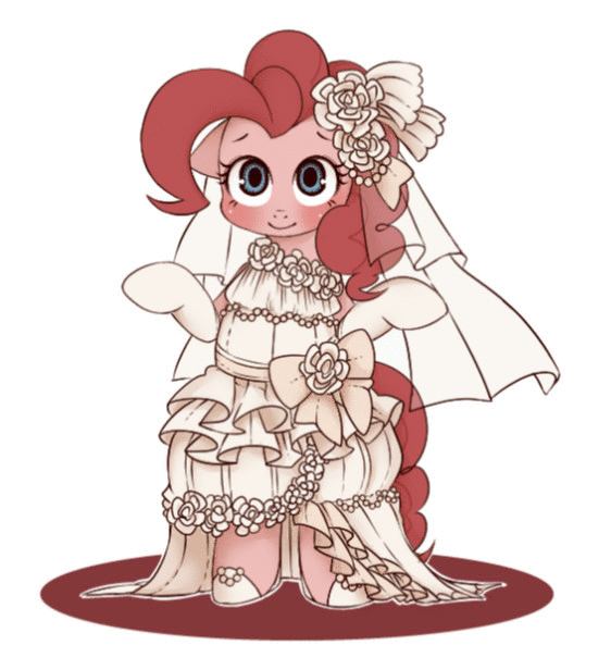 Size: 562x616 | Tagged: safe, artist:umeguru, character:pinkie pie, species:earth pony, species:pony, beautiful, bipedal, bow, clothing, cute, diapinkes, dress, evening gloves, female, floppy ears, flower, flower in hair, gloves, long gloves, looking at you, mare, simple background, smiling, solo, wedding dress, wedding veil, white background