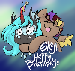 Size: 2615x2474 | Tagged: safe, artist:midnightpremiere, oc, oc only, oc:hors, oc:lux arcana, species:alicorn, species:pegasus, species:pony, alicorn oc, body markings, colored horn, glomp, happy birthday, horn, hug, jewelry, necklace, simple background