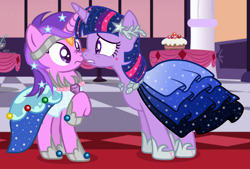 Size: 1356x916 | Tagged: safe, artist:razorbladetheunicron, base used, character:amethyst star, character:sparkler, character:twilight sparkle, species:pony, species:unicorn, lateverse, accessories, alternate universe, clothing, diamond, dress, duo, duo female, female, gala dress, gemstones, grand galloping gala, mare, sparkly mane