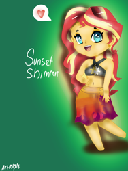 Size: 1800x2400 | Tagged: safe, artist:artmlpk, character:sunset shimmer, equestria girls:forgotten friendship, g4, my little pony: equestria girls, my little pony:equestria girls, anime style, beach, belly button, bikini, chibi, clothing, cute, dialogue, heart eyes, midriff, open mouth, pictogram, shimmerbetes, speech bubble, summer sunset, swimsuit, wingding eyes