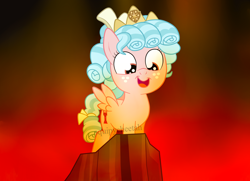 Size: 1936x1400 | Tagged: safe, artist:squipycheetah, character:cozy glow, species:pegasus, species:pony, bow, cliff, cozy glow is best facemaker, cozybetes, crazy glow, crown, cute, evil, female, filly, fire, freckles, hair bow, happy, insanity, jewelry, looking down, pure concentrated unfiltered evil of the utmost potency, pure unfiltered evil, regalia, signature, smiling, solo, spread wings, watermark, wings
