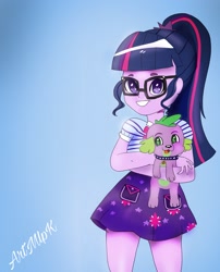 Size: 1535x1896 | Tagged: safe, artist:artmlpk, character:spike, character:spike (dog), character:twilight sparkle, character:twilight sparkle (scitwi), species:dog, species:eqg human, g4, my little pony: equestria girls, my little pony:equestria girls, clothing, cute, female, glasses, male, photo, ponytail, puppy, skirt, smiling, spikabetes, spikelove, twiabetes