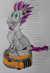 Size: 1241x1828 | Tagged: safe, artist:rapidsnap, oc, oc only, oc:zephyr moon, species:pony, chest fluff, piercing, ponies riding roombas, roomba, roomba rider, solo, tattoo, teeth, traditional art, zoom