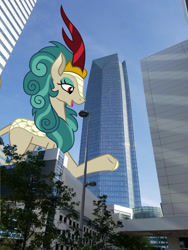 Size: 1512x2016 | Tagged: safe, artist:hendro107, artist:theotterpony, character:rain shine, species:kirin, city, female, giant kirin, giant rain shine, highrise ponies, irl, macro, oklahoma, oklahoma city, open mouth, photo, raised hoof, solo, story in the source, story included, united states