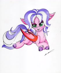 Size: 4911x5825 | Tagged: safe, artist:luxiwind, oc, oc:lilac candle, species:bat pony, species:pony, bat pony oc, cloven hooves, female, mare, prone, simple background, solo, traditional art, white background
