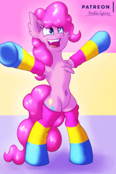 Size: 1500x2250 | Tagged: safe, artist:shad0w-galaxy, character:pinkie pie, species:earth pony, species:pony, belly button, bipedal, chest fluff, clothing, female, mare, pansexual, pansexual pride flag, patreon, patreon logo, pride, pride flag, pride month, socks, solo, striped socks