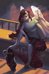 Size: 2193x3327 | Tagged: safe, artist:orfartina, oc, oc only, species:anthro, species:unguligrade anthro, beanie, big wings, clothing, female, hat, high res, shorts, skateboard, smiling, solo, wings