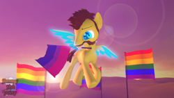Size: 1280x720 | Tagged: safe, artist:sky chaser, oc, oc only, oc:sky chaser, species:pegasus, species:pony, 3d, beard, bisexual pride flag, facial hair, flag, gay pride flag, glow, glowing eyes, glowing wings, male, pride, pride flag, pride month, proud, solo, source filmmaker, stallion, wings