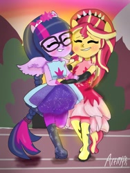 Size: 1536x2048 | Tagged: safe, artist:artmlpk, character:sunset shimmer, character:twilight sparkle, character:twilight sparkle (scitwi), species:eqg human, equestria girls:forgotten friendship, g4, my little pony: equestria girls, my little pony:equestria girls, blushing, clothing, cute, digital art, dress, duo, female, friendshipping, hug, ponied up, scitwilicorn, shimmerbetes, super ponied up, twiabetes, wings