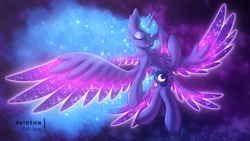 Size: 2880x1620 | Tagged: safe, artist:shad0w-galaxy, character:princess luna, species:alicorn, species:pony, beautiful, ethereal mane, eyes closed, female, galaxy mane, goddess, majestic, mare, solo, sparkly wings