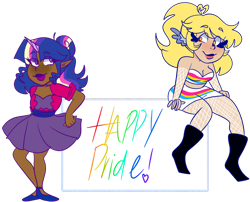 Size: 1280x1035 | Tagged: safe, artist:cubbybatdoodles, character:derpy hooves, character:twilight sparkle, species:human, bi twi, bilight sparkle, bisexual pride flag, bisexuality, ditzy doo, duo, female, horn, horned humanization, humanized, pansexual, pansexual pride flag, pride, pride month, simple background, transparent background, unicorns as elves, wing ears