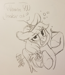 Size: 1311x1500 | Tagged: safe, artist:kellythedrawinguni, oc, oc only, oc:vanilla creme, species:pony, alcohol, baseball cap, beer, blushing, cap, clothing, commission, drunk, female, hat, mare, my little pony, oakland athletics, sketch, traditional art