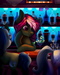 Size: 1192x1496 | Tagged: safe, artist:shady-bush, oc, oc only, oc:moe jito, oc:strawberry soda, species:pony, alcohol, cup, cup of pony, female, glass, mare, micro, shot glass