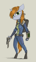 Size: 650x1100 | Tagged: safe, artist:sinrar, oc, oc only, oc:littlepip, species:anthro, species:pony, species:unicorn, fallout equestria, backpack, bag, clothing, fanfic, fanfic art, female, gray background, gun, handgun, hooves, horn, little macintosh, optical sight, pipbuck, revolver, simple background, solo, vault suit, weapon