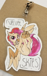 Size: 916x1500 | Tagged: safe, artist:kellythedrawinguni, oc, oc only, oc:velvet skies, species:classical hippogriff, species:hippogriff, species:pony, badge, commission, my little pony, traditional art