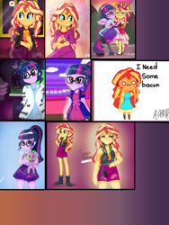 Size: 1800x2400 | Tagged: safe, artist:artmlpk, character:spike, character:spike (dog), character:sunset shimmer, character:twilight sparkle, character:twilight sparkle (scitwi), species:dog, species:eqg human, episode:how to backstage, episode:mad twience, eqg summertime shorts, equestria girls:forgotten friendship, equestria girls:spring breakdown, g4, my little pony: equestria girls, my little pony:equestria girls, spoiler:eqg series (season 2), clothing, cute, frame, geode of empathy, geode of telekinesis, glasses, lab coat, lots of characters, magical geodes, male, pajamas, photo, ponied up, ponytail, scitwilicorn, shimmerbetes, skirt, spikabetes, twiabetes, wings