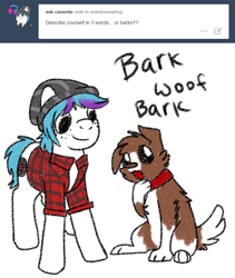 Size: 600x710 | Tagged: safe, artist:askwinonadog, character:winona, oc, oc:cassette, species:dog, species:earth pony, species:pony, ask, ask winona, bark, barking, beanie, clothing, duo, freckles, hat, onomatopoeia, plaid shirt, simple background, tumblr, white background, woof