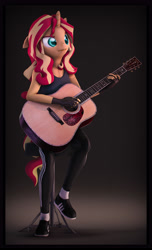 Size: 3400x5600 | Tagged: safe, artist:imafutureguitarhero, character:sunset shimmer, species:anthro, species:plantigrade anthro, species:pony, species:unicorn, 3d, absurd resolution, acoustic guitar, arm fluff, border, chair, cheek fluff, chin fluff, chromatic aberration, clothing, colored eyebrows, colored eyelashes, ear fluff, female, film grain, fingerless gloves, floppy ears, fluffy, freckles, fur, gloves, gradient background, guitar, horn, leather gloves, long hair, long mane, mare, multicolored hair, neck fluff, nose wrinkle, pants, shadow, shoes, shoulder fluff, signature, sitting, socks, solo, source filmmaker, stool, tank top, trackpants, vertical, video link in description, wall of tags, youtube link in the description