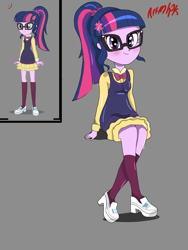 Size: 1800x2400 | Tagged: safe, artist:artmlpk, artist:kora kosicka, character:twilight sparkle, character:twilight sparkle (scitwi), species:eqg human, equestria girls:friendship games, g4, my little pony: equestria girls, my little pony:equestria girls, alternate costumes, alternate design, alternate outfits, blushing, clothing, concept art, crossed legs, cute, design, dress, female, inspired by another artist, neck bow, outfit, ponytail, smiling, solo, twiabetes, uniform