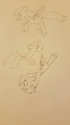 Size: 2268x4032 | Tagged: safe, artist:rainbow dash is best pony, character:rainbow dash, character:scootaloo, oc, oc:wooden toaster, species:pegasus, species:pony, fanfic:rainbow factory, chase, clothing, crying, flying, furious, lab coat, lineart, pencil drawing, rainbow factory dash, running, spread wings, traditional art, wings