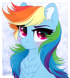 Size: 1350x1500 | Tagged: dead source, safe, artist:vird-gi, character:rainbow dash, species:pegasus, species:pony, blushing, bust, chest fluff, cute, dashabetes, ear fluff, female, fluffy, looking at you, mare, portrait, signature, solo