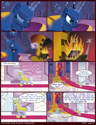 Size: 1600x2071 | Tagged: safe, artist:j5a4, character:princess luna, species:pony, comic:surprise, angry, book, comic, crying, fire, fireplace, grimdark series, grotesque series, levitation, magic, royal guard, telekinesis