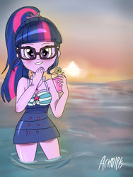 Size: 1800x2400 | Tagged: safe, artist:artmlpk, character:twilight sparkle, character:twilight sparkle (scitwi), species:eqg human, my little pony:equestria girls, beach, blushing, cute, female, geode of telekinesis, juice, lemonade, magical geodes, sci twi is watching you, smiley face, solo, sunset, twiabetes