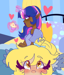 Size: 1280x1497 | Tagged: safe, artist:cubbybatdoodles, character:derpy hooves, character:twilight sparkle, species:human, bed, blushing, dark skin, ditzy doo, eating, elf ears, female, food, heart, horn, horned humanization, humanized, magic, muffin, selfie, unicorns as elves, wing ears