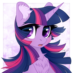 Size: 1500x1500 | Tagged: safe, artist:vird-gi, character:twilight sparkle, character:twilight sparkle (alicorn), species:alicorn, species:pony, g4, abstract background, bust, chest fluff, cute, ear fluff, female, fluffy, looking at you, mare, open mouth, portrait, signature, solo, twiabetes