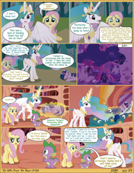 Size: 2550x3300 | Tagged: safe, artist:j5a4, character:fluttershy, character:princess celestia, character:spike, character:twilight sparkle, species:alicorn, species:dragon, species:pegasus, species:pony, comic:the rose of life, bed, comic, female, grimdark series, grotesque series, levitation, magic, male, mare, telekinesis