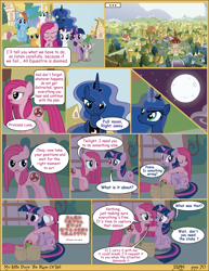 Size: 2550x3300 | Tagged: safe, artist:j5a4, character:applejack, character:pinkamena diane pie, character:pinkie pie, character:princess celestia, character:princess luna, character:rainbow dash, character:rarity, character:spike, character:twilight sparkle, character:twilight sparkle (unicorn), species:alicorn, species:earth pony, species:pegasus, species:pony, species:unicorn, comic:the rose of life, comic, female, glowing eyes, grimdark series, grotesque series, male, mare, moon, ponyville, sitting