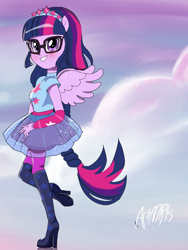 Size: 1800x2400 | Tagged: safe, artist:artmlpk, character:twilight sparkle, character:twilight sparkle (scitwi), species:eqg human, equestria girls:forgotten friendship, g4, my little pony: equestria girls, my little pony:equestria girls, blushing, boots, female, looking at you, ponied up, scitwilicorn, shoes, solo, stars, super ponied up, wings